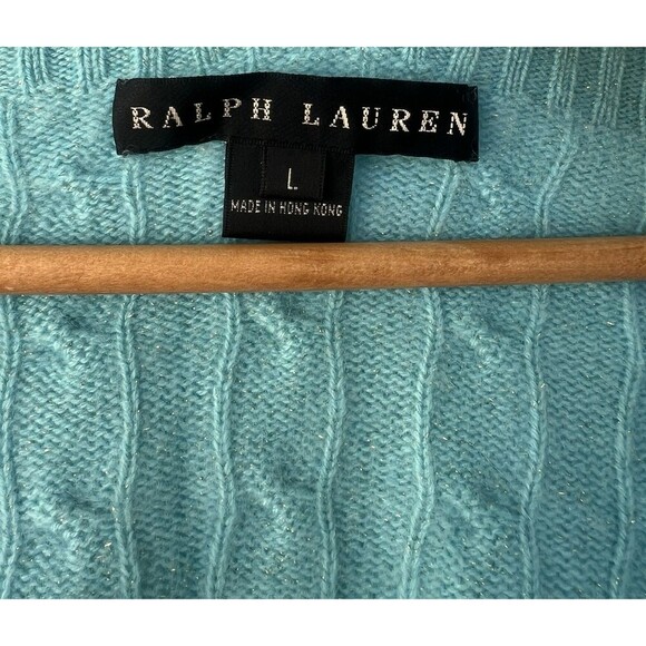 Ralph Lauren Black Label Cable Knit Thick V-Neck Sweater Large Cashmere Blend - Picture 8 of 9